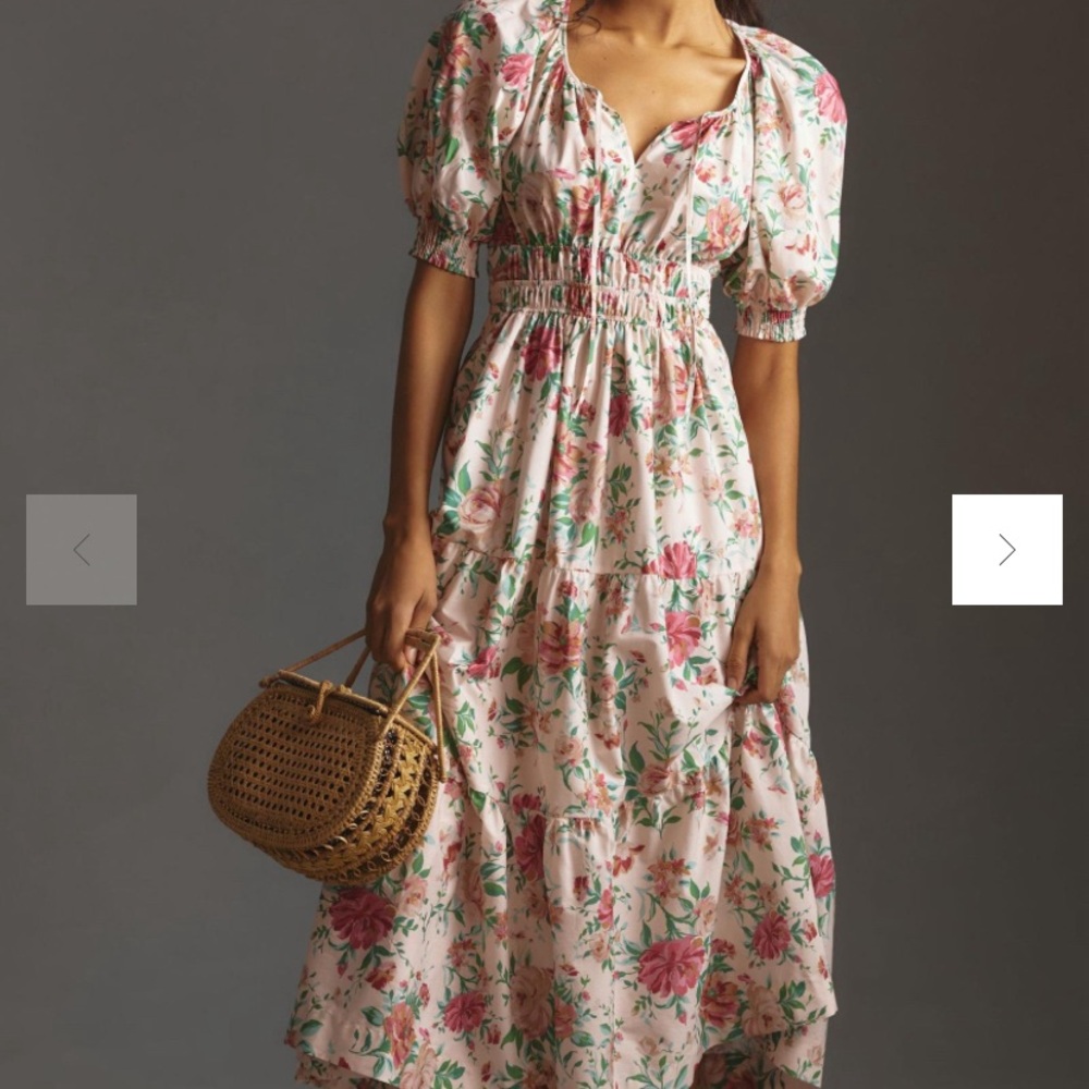 Anthropologie Pink and Green Smocked Maxi Dress with Puff Sleeves